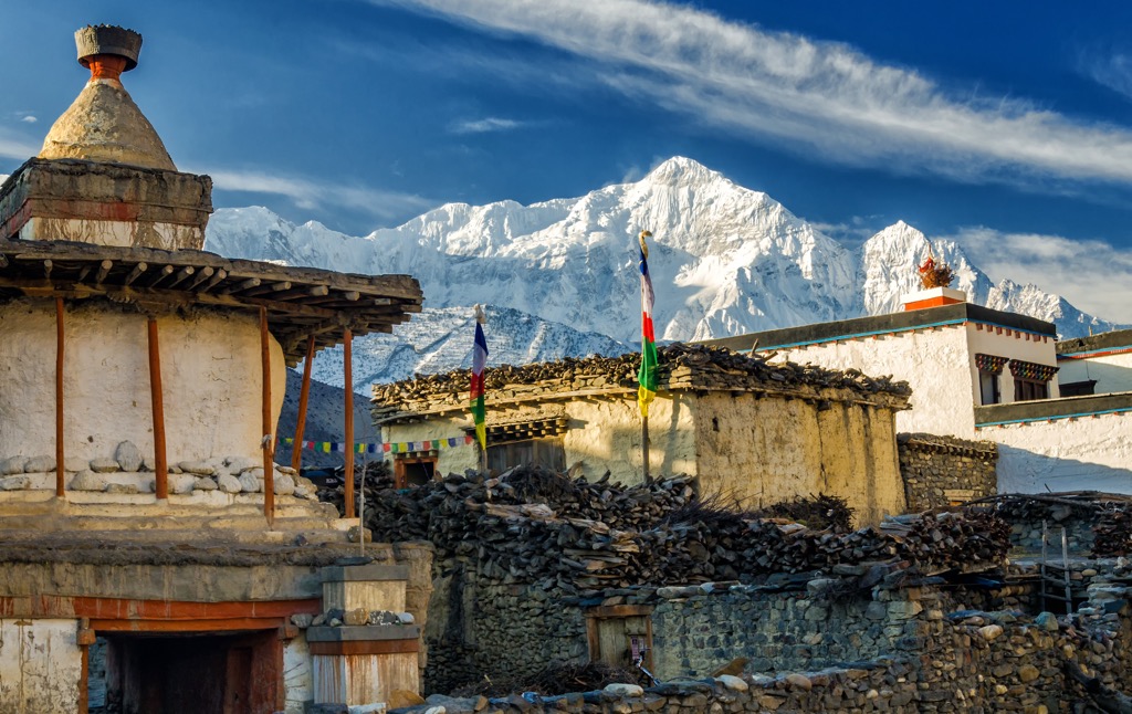 Best hiking.  A Buddhist stupa with views of Nhilgiri North on the Annapurna Circuit