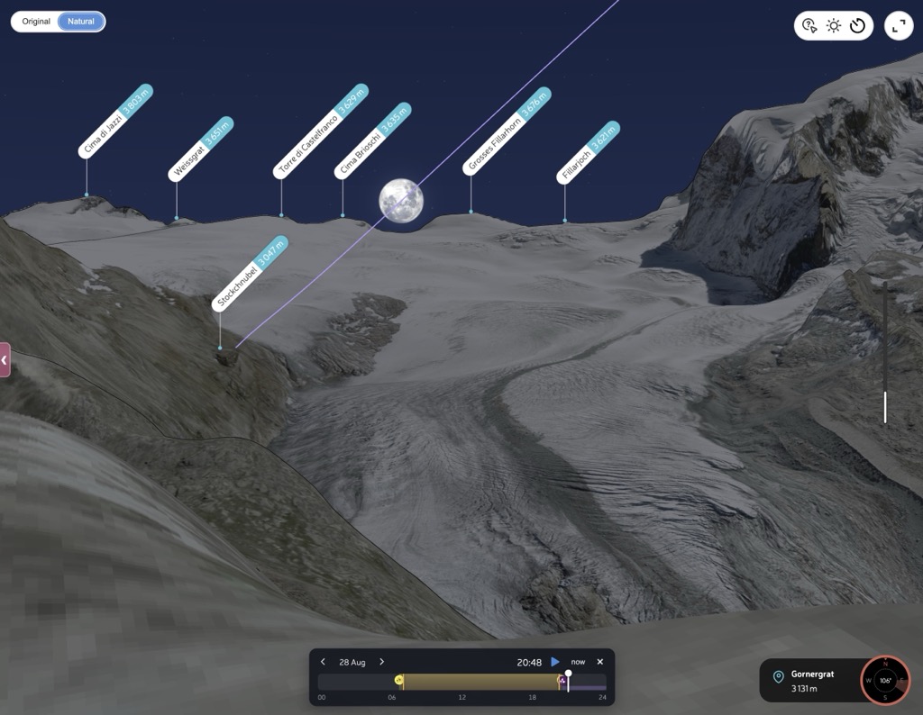 PeakVisor Panorama 3D from Gornergrat showing the full Moon above a glacier at 20:48 on 28 August, with named peaks and the purple lunar path