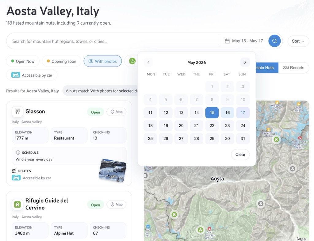 Mountain huts region heading with search field and Open Now filter.
