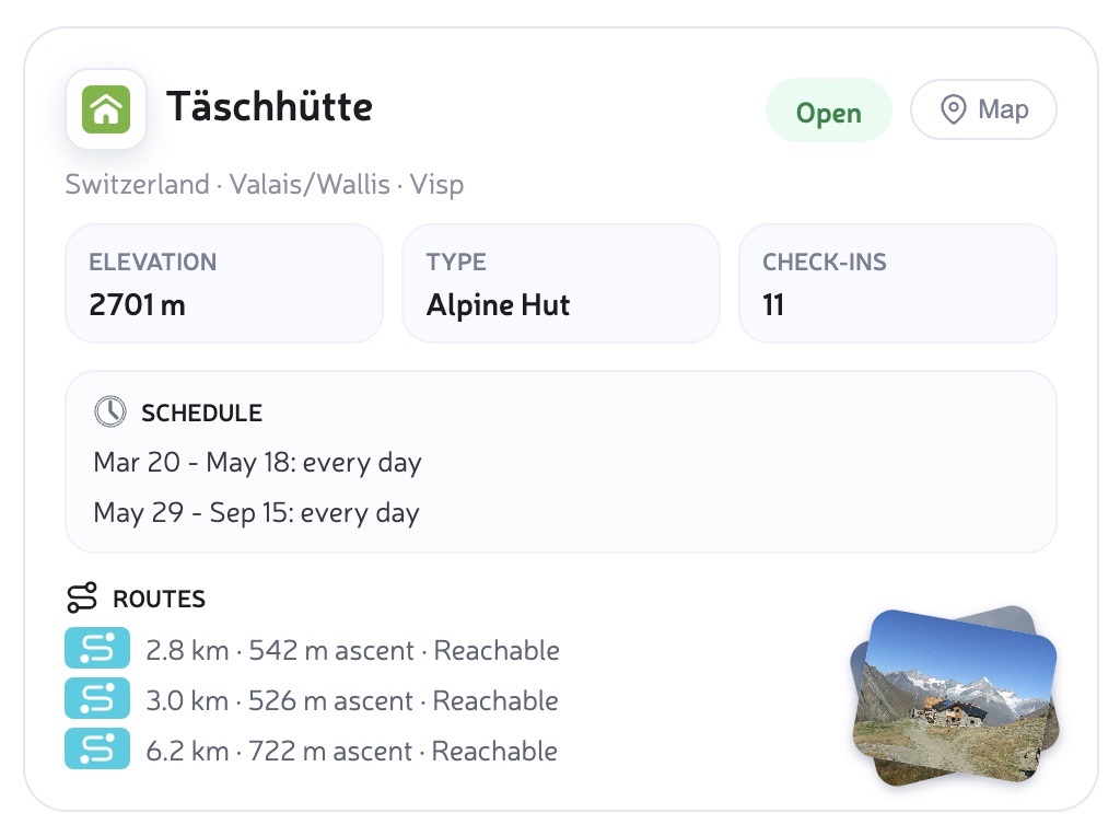 Getting Here panel for a mountain hut with route options and direct access wording.
