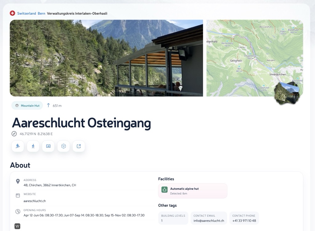 Mountain hut place page with map, photos, weather, check-ins, and action buttons for Hiking Map, Ski Map, Panorama 3D, and View 3D.