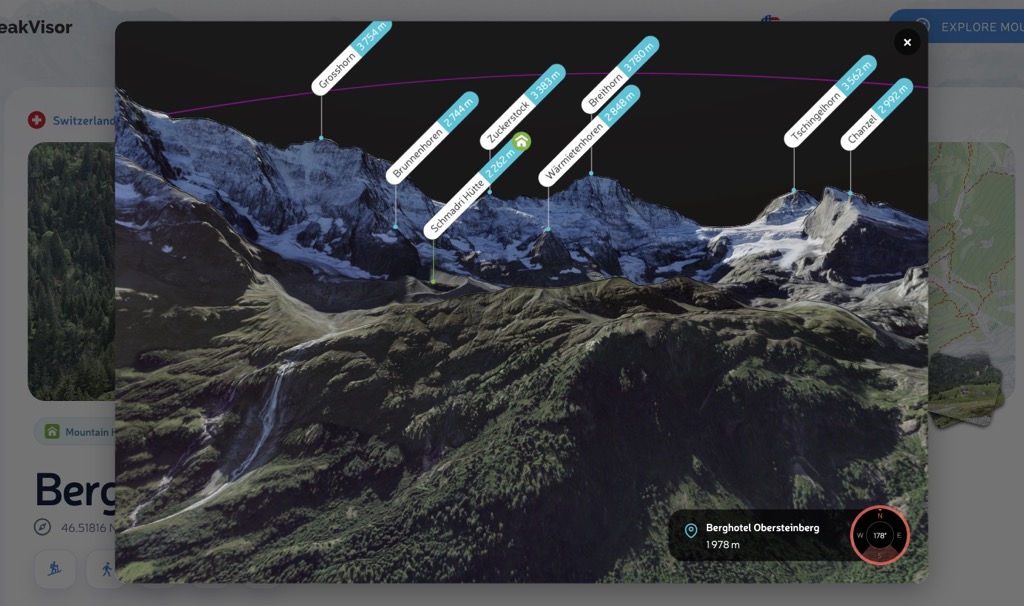Full-screen mountain hut photo gallery opened from a hut card.