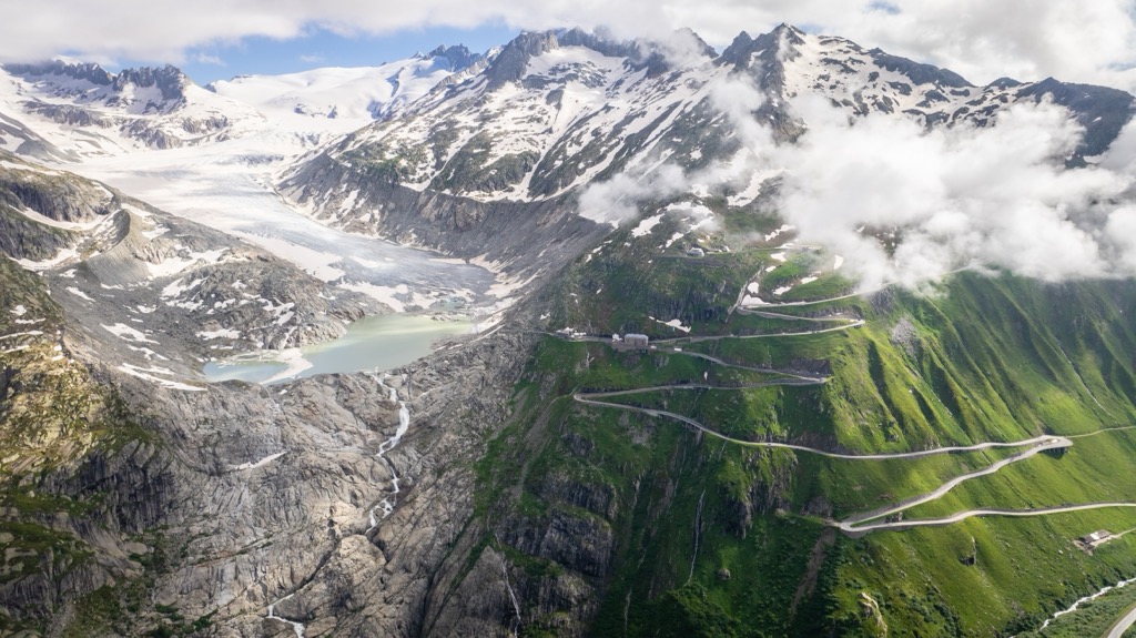 The Rhône Glacier and Hotel Belvedere seen from Furka Pass, Switzerland