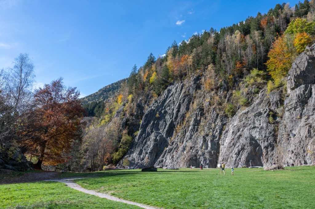 The Les Gaillands climbing area beside its lake in Chamonix, France