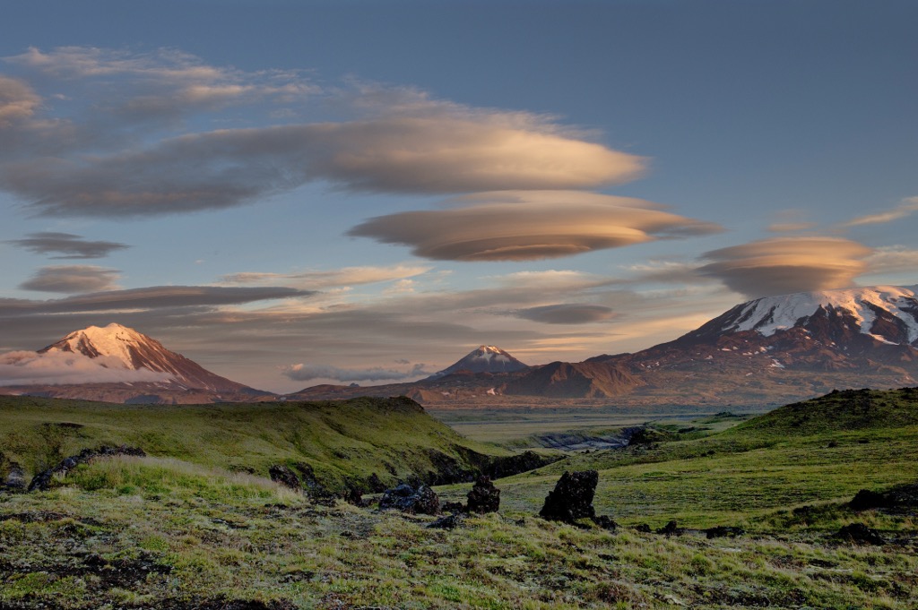 Lenticular clouds, a type of orographic cloud formation, over Kamchatka, Russia. Mountain Weather
