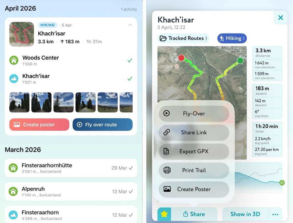 Two ways to start a Track Poster in the PeakVisor app: from the track list in your profile, and from the Create Poster button next to Share on a Saved Trail