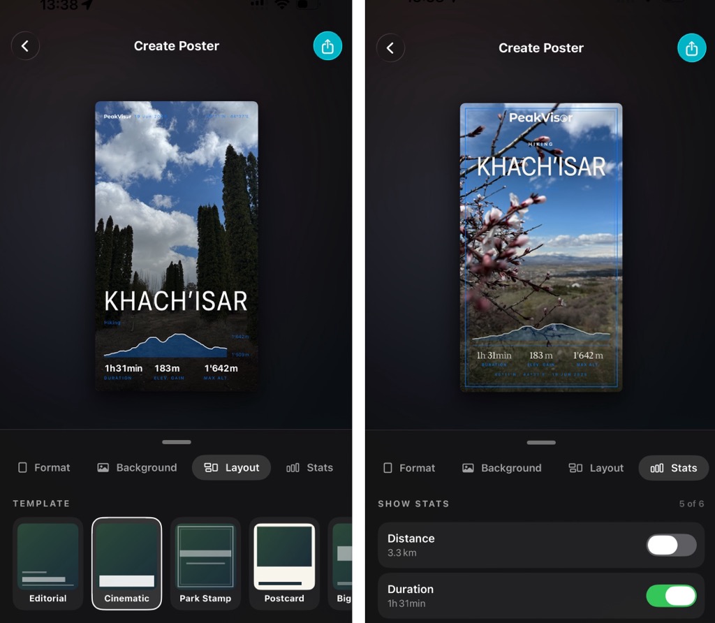 The Track Poster constructor in the PeakVisor mobile app