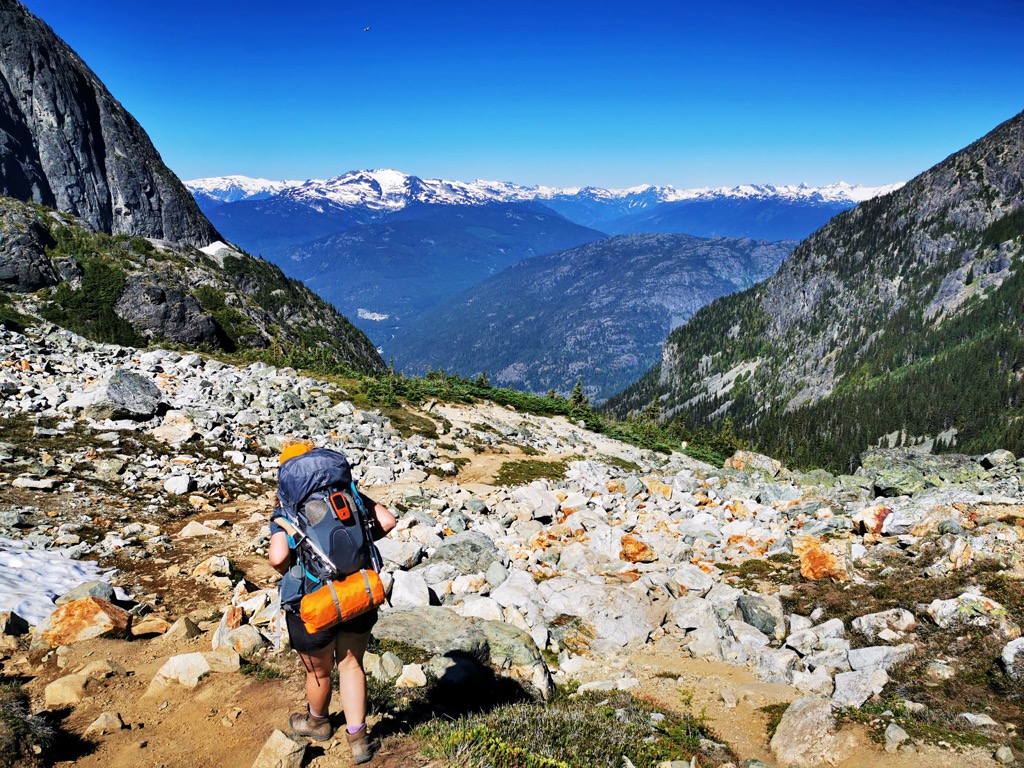 Beginning the boulder field descent. Photo: Anthony Butt. Wedgemount Lake