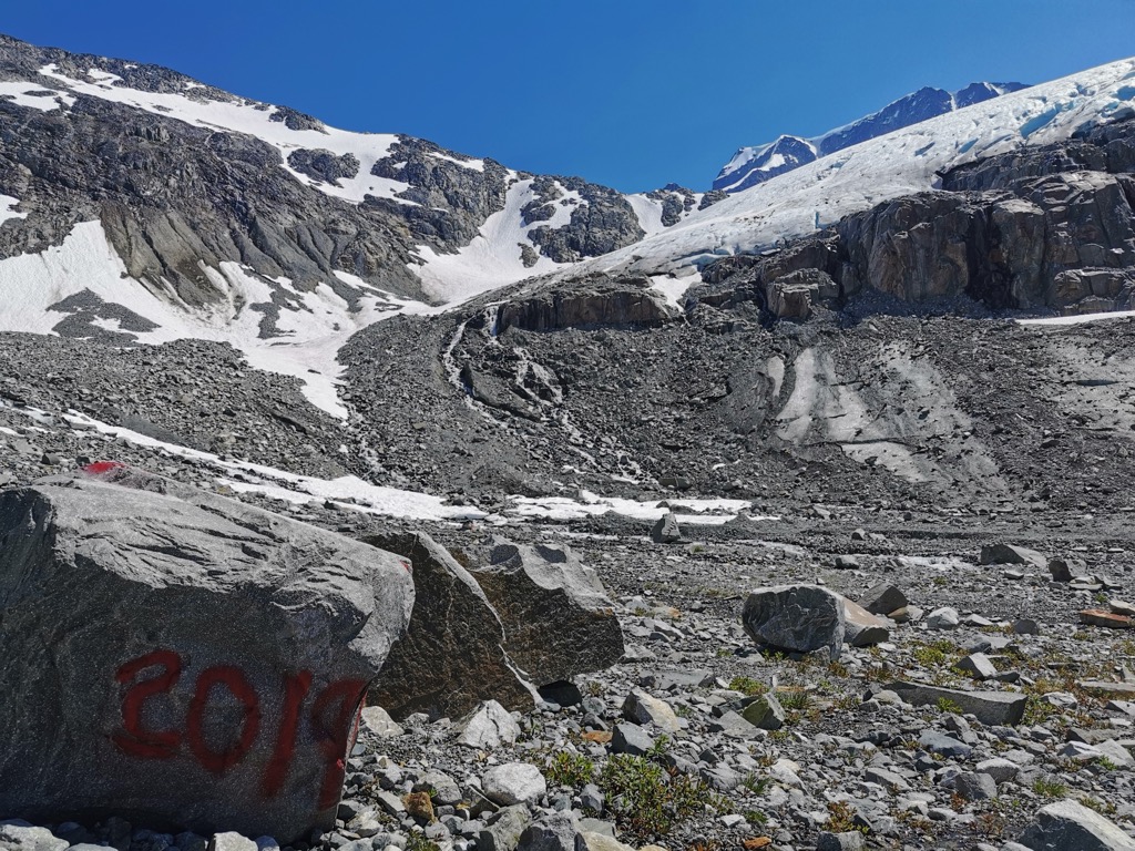 Glacial recession at Tupper Lake. The glacier reached here in 2019. Photo: Anthony Buttt. Wedgemount Lake
