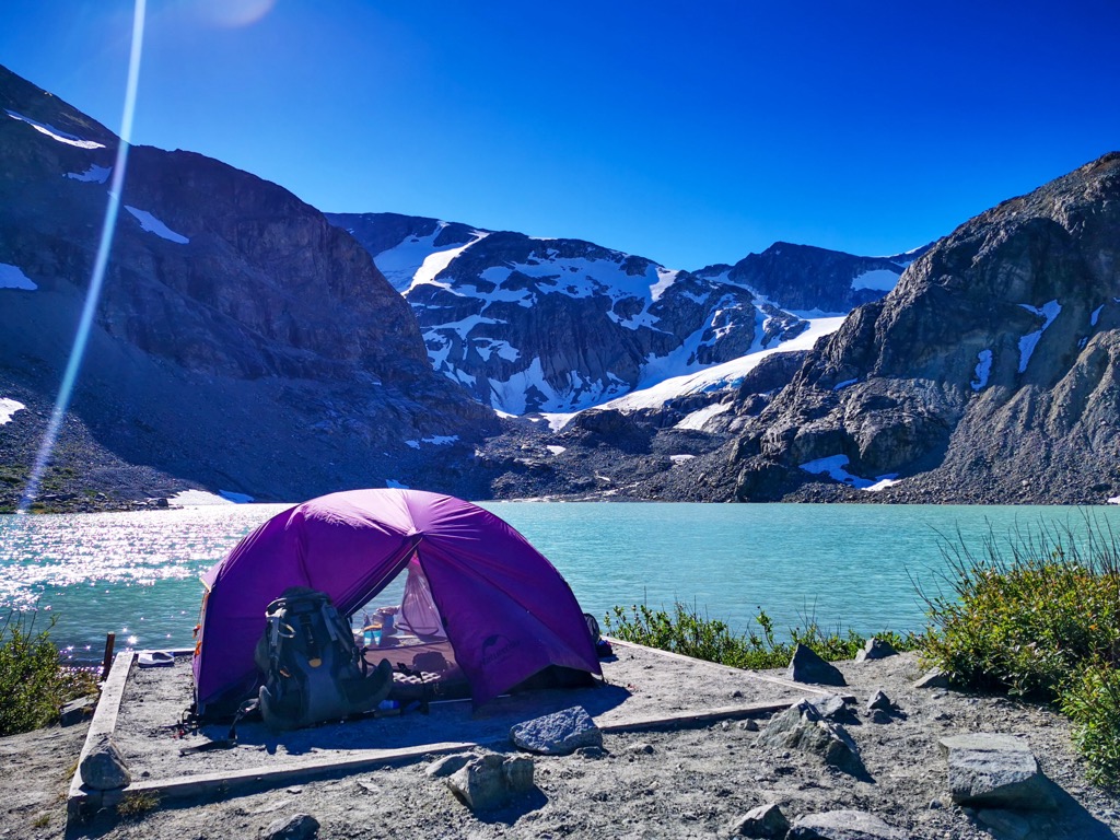 Our campsite at Wedgemont Lake. Photo: Anthony Butt. Wedgemount Lake