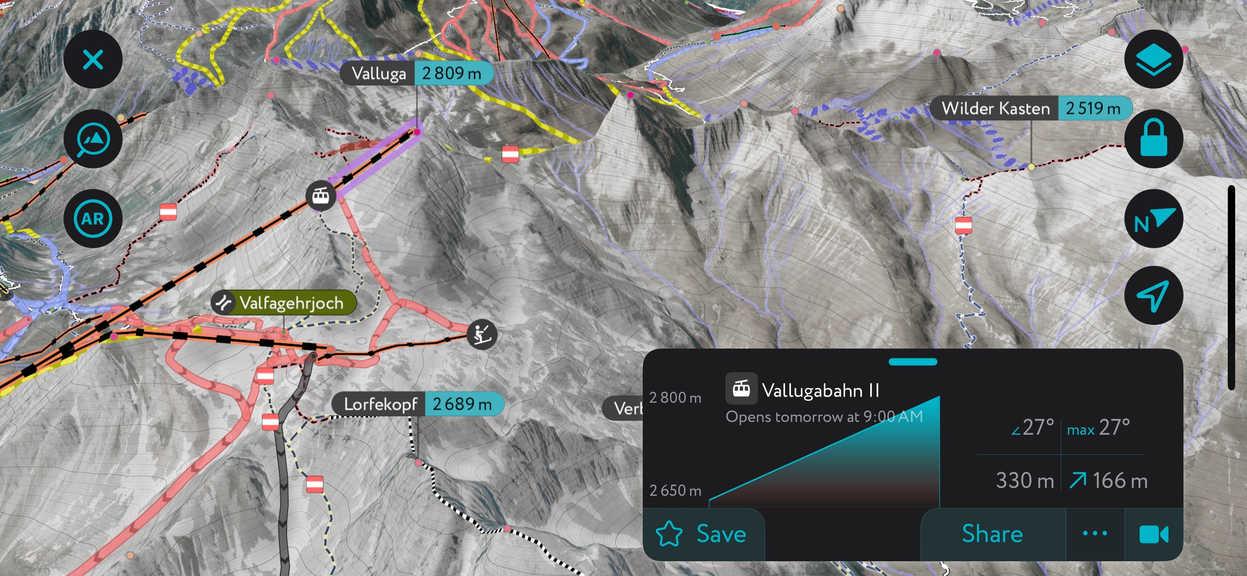 off-piste terrain, PeakVisor mobile app. Ski Arlberg