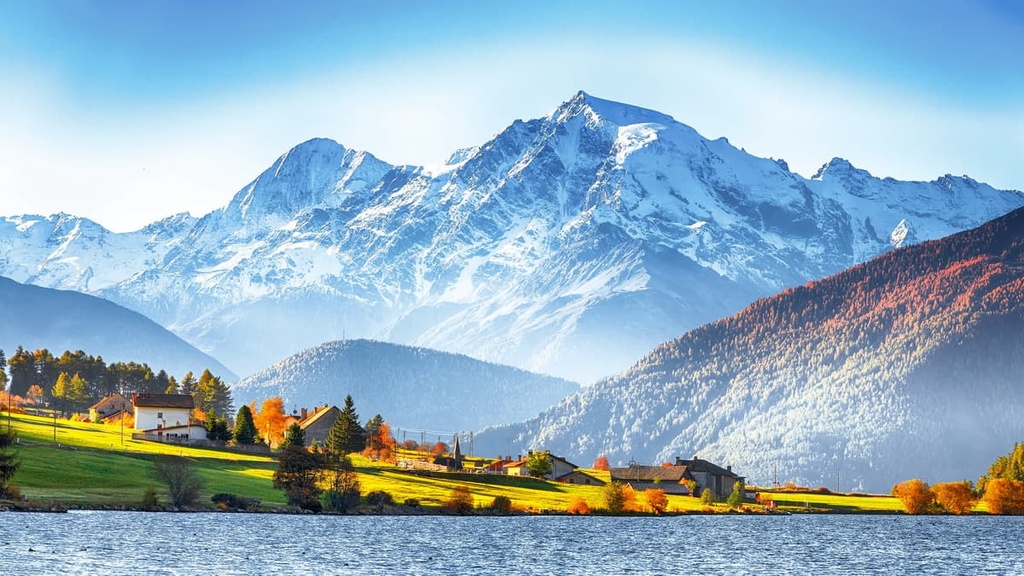  Haidersee (Lago della Muta) lake with Ortler peak, Southern Rhaetian Alps