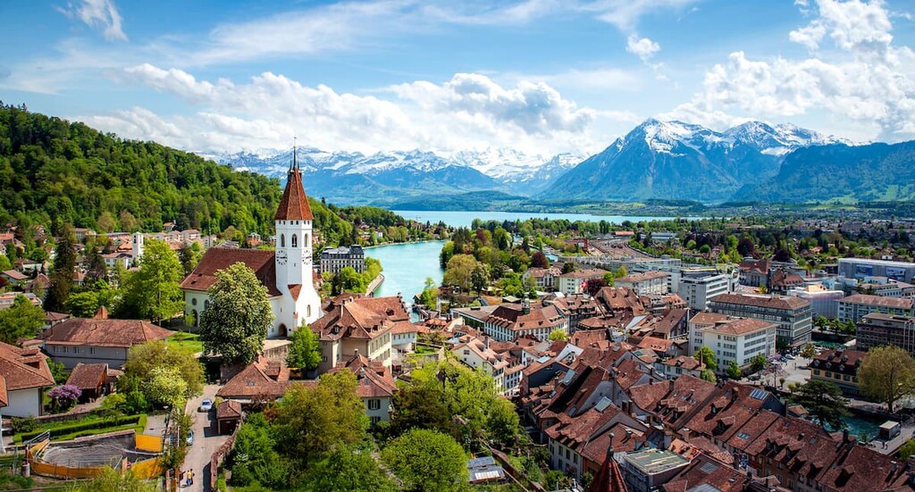 Panorama of Thun city in the canton of Bern with Alps and Thunersee lake, Switzerland