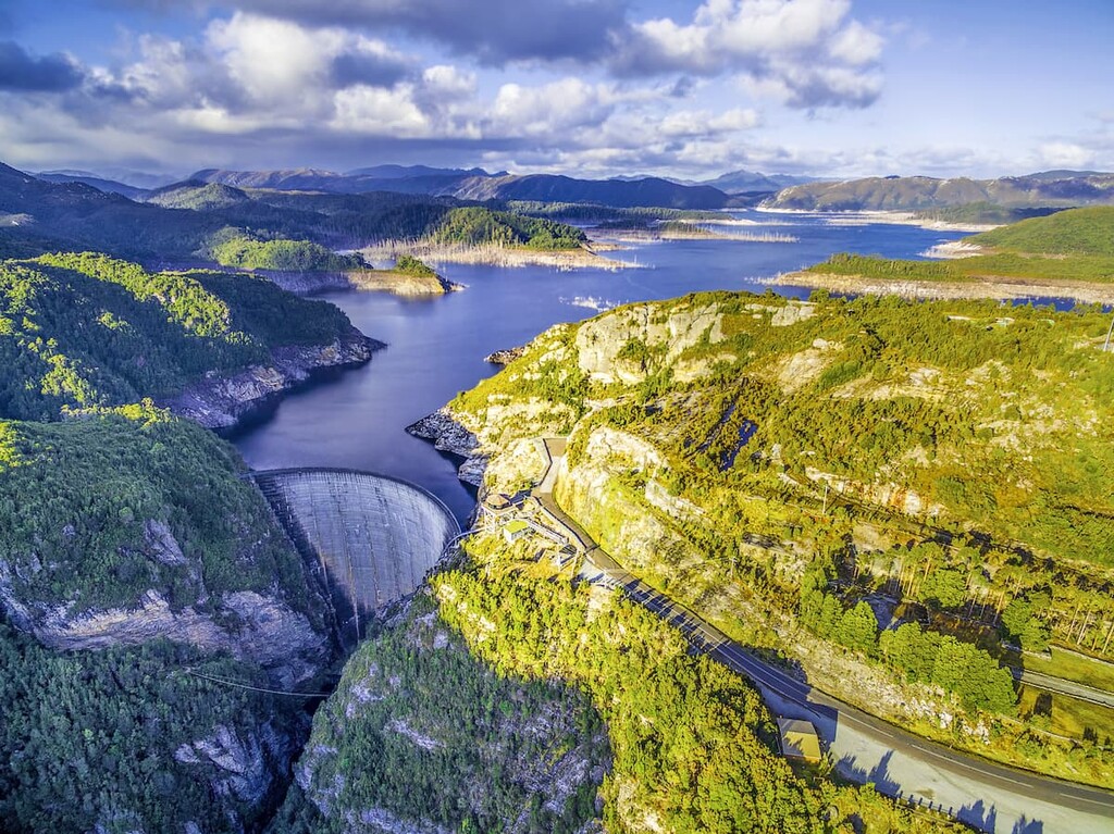 Gordon Dam and lake at sunset in Tasmania