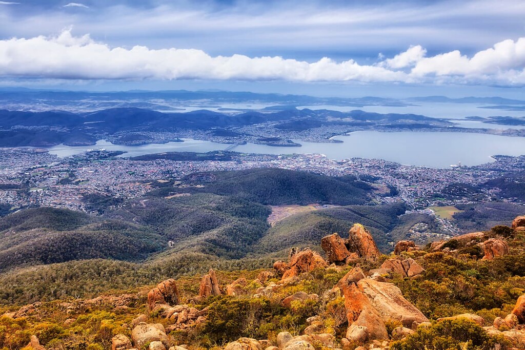 Mt Wellington on shores of Derwent river around Sullivan's cove, Tasmania