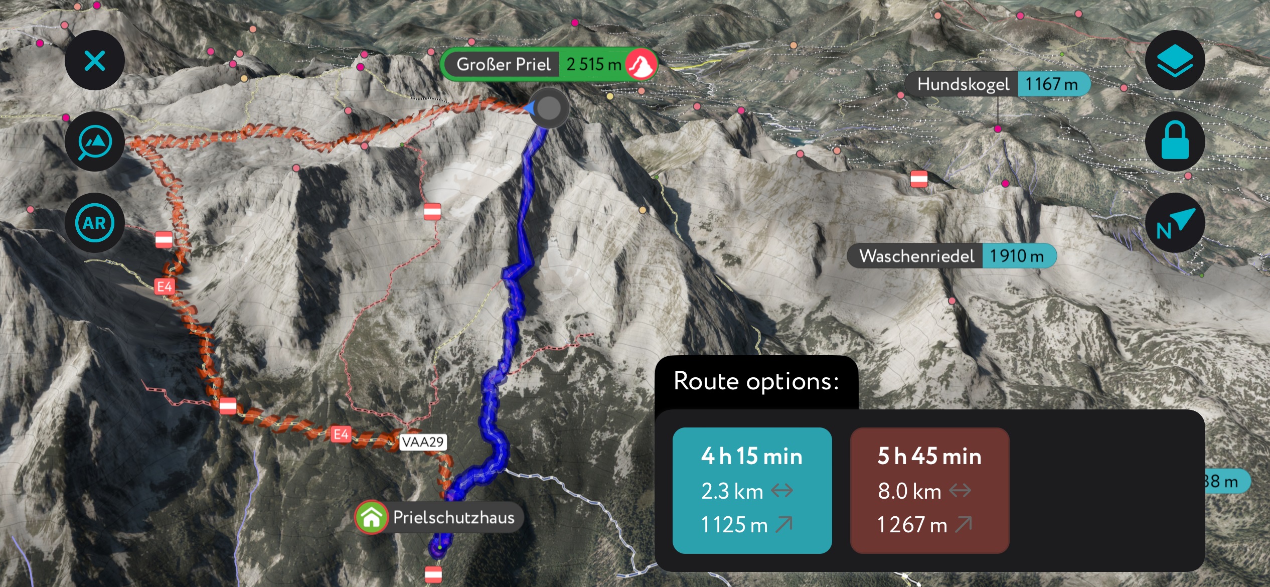A generation of local hiking routes in the Totes Gebirge using PeakVisor’s mobile app. Totes Gebirge