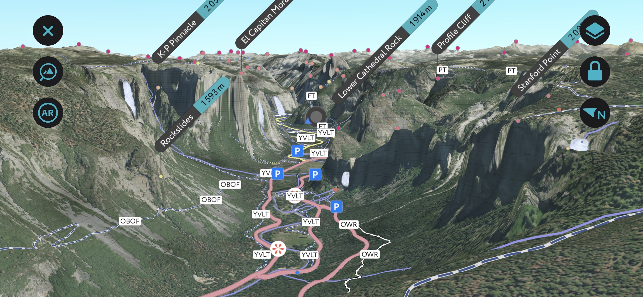 classic ‘Tunnel View’ of Yosemite Valley using PeakVisor’s mobile app. Yosemite, California, USA