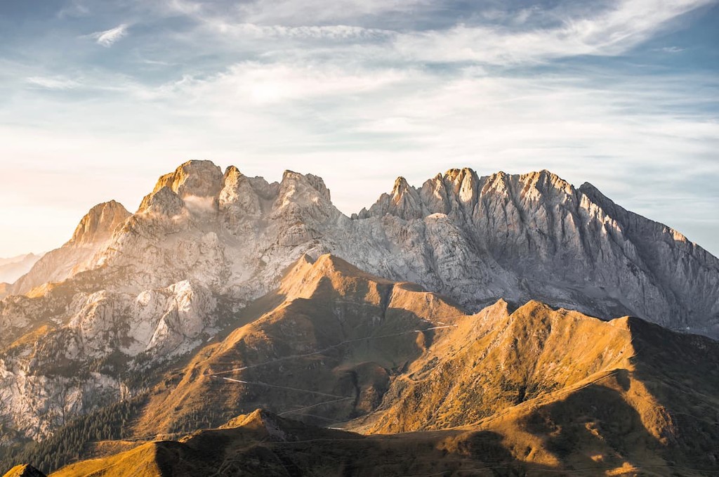 View over Italian valley at sunset, Monte Crostis, Monte Coglians, Friuli Venezia Giulia, Carnic and Gailtal Alps