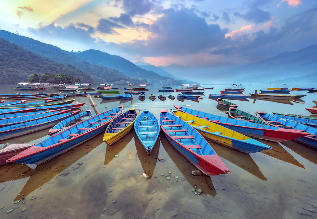 Pokhara, Nepal. Color boat symbol of Phewa lake shore in Pokhara, Nepal