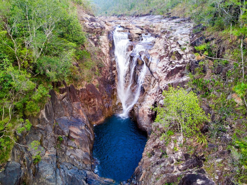 Aerial Photograh of Big Rocks waterfall in the Mountain Pine Ridge, Cayo District, Belize