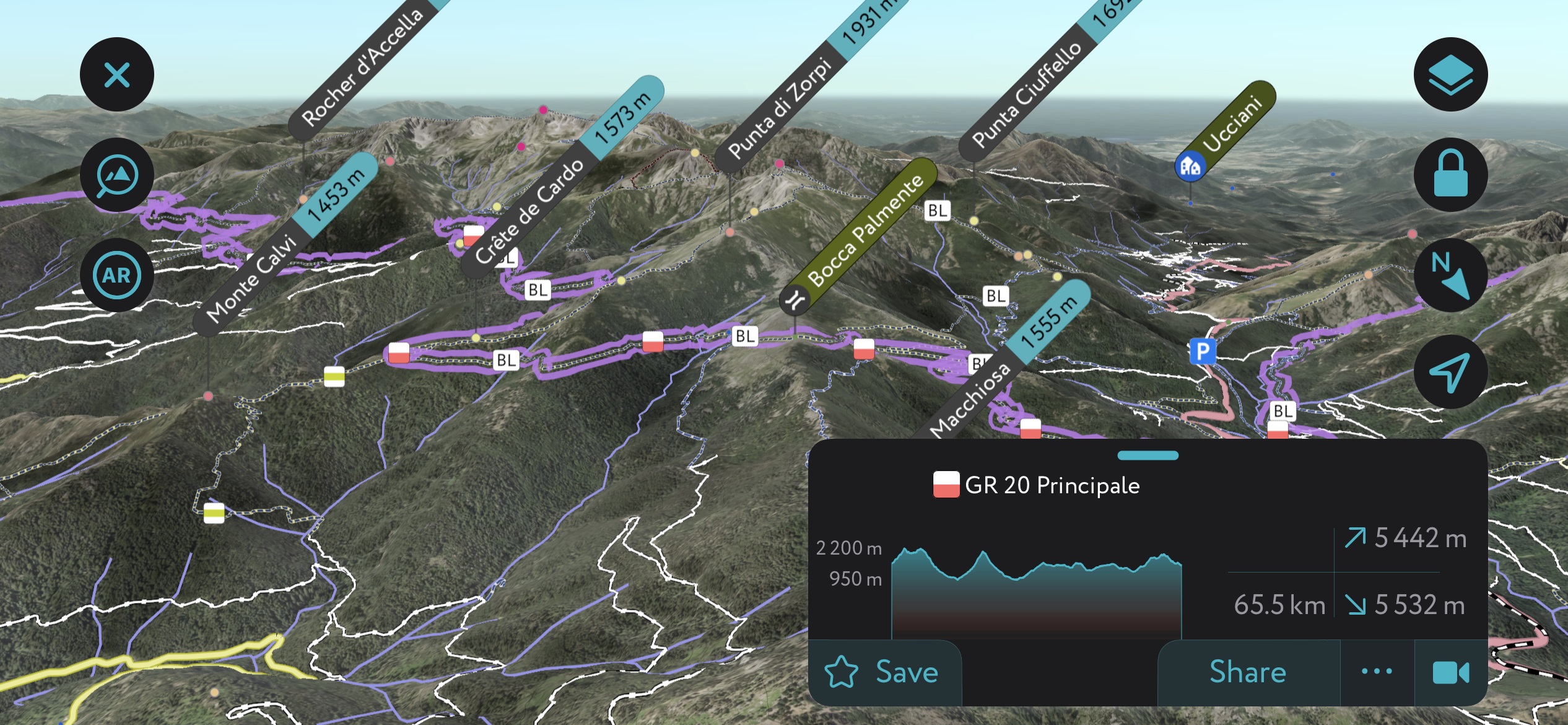 Best hiking.  The GR-20 using PeakVisor’s mobile app