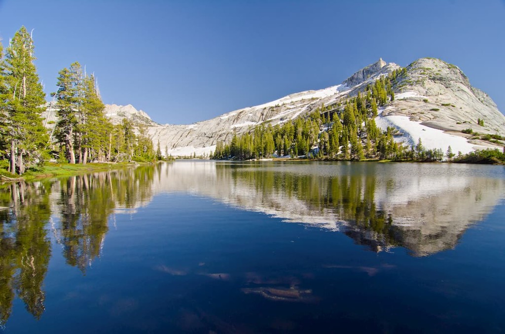Cathedral Lake with Cathedral Peak in the background at Yosemite National Park