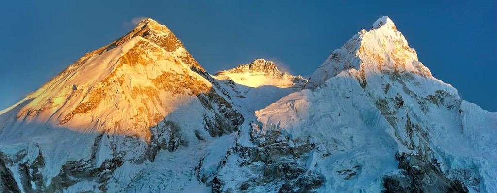 Panoramic view of Mount Everest, Lhotse and Nuptse from Pumo Ri base camp, China