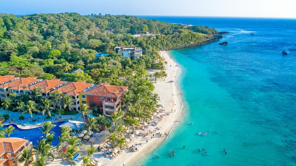 Beautiful Aerial Shot Beach Resort in Roatan Bay Islands Honduras