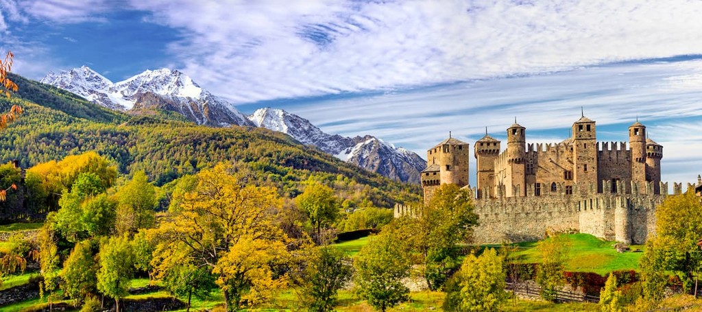 Medieval castles of Italy - beautiful Castello di Fenis in Valle d'Aosta surrounded by Alps mountains