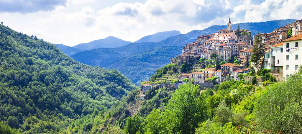 View of Apricale in the Province of Imperia, Liguria, Italy