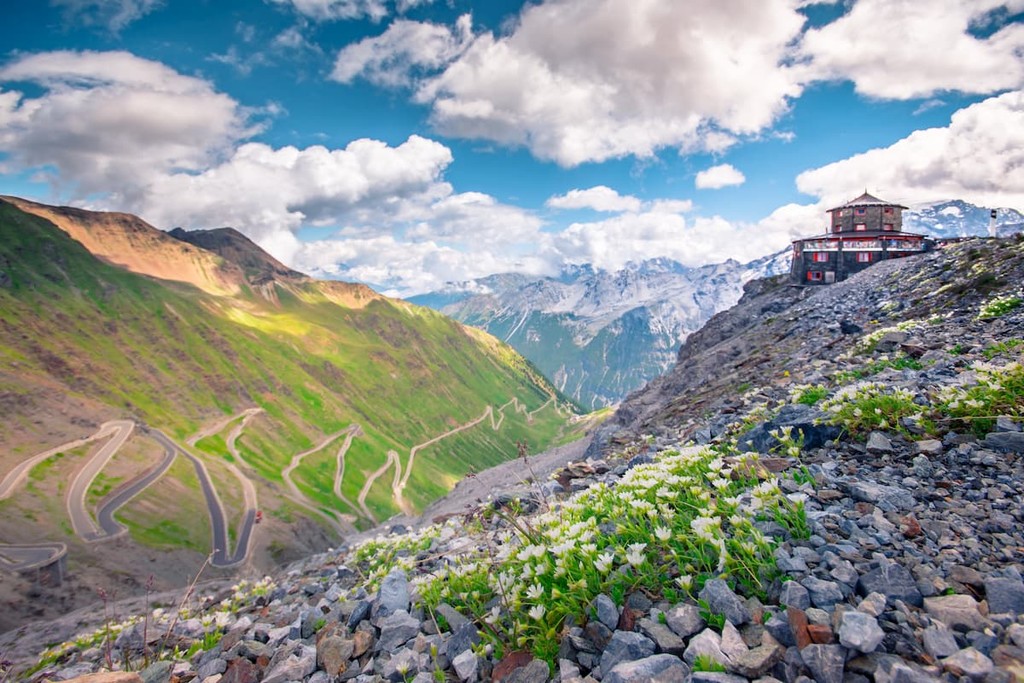 Stelvio National Park. Famous road to Stelvio Pass in Ortler Alps, Italy
