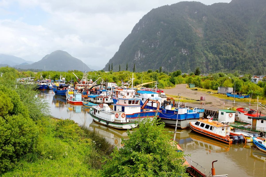 Fishing village Puerto Chacabuco Aysen region of Chilean Patagonia