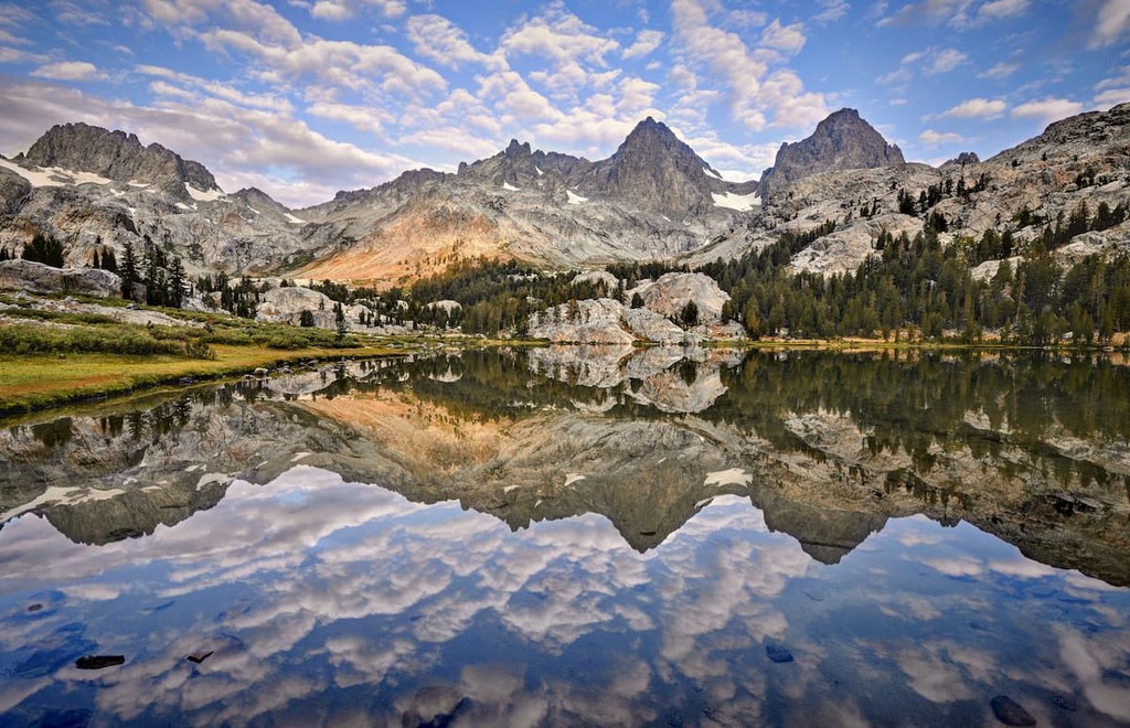 Banner and Ritter Reflected in Lake Ediza. Ritter Range