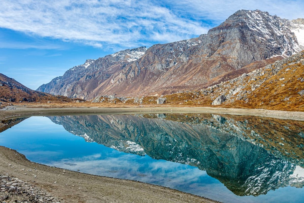 View of reflection of mountains in Lake Samiti on the Gochela trek to Kanchenjunga range in Sikkim, India