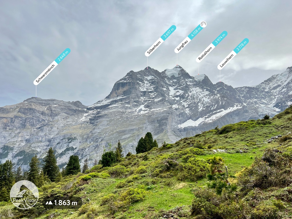 The snow pyramid of the Silberhorn in front of the Jungfrau