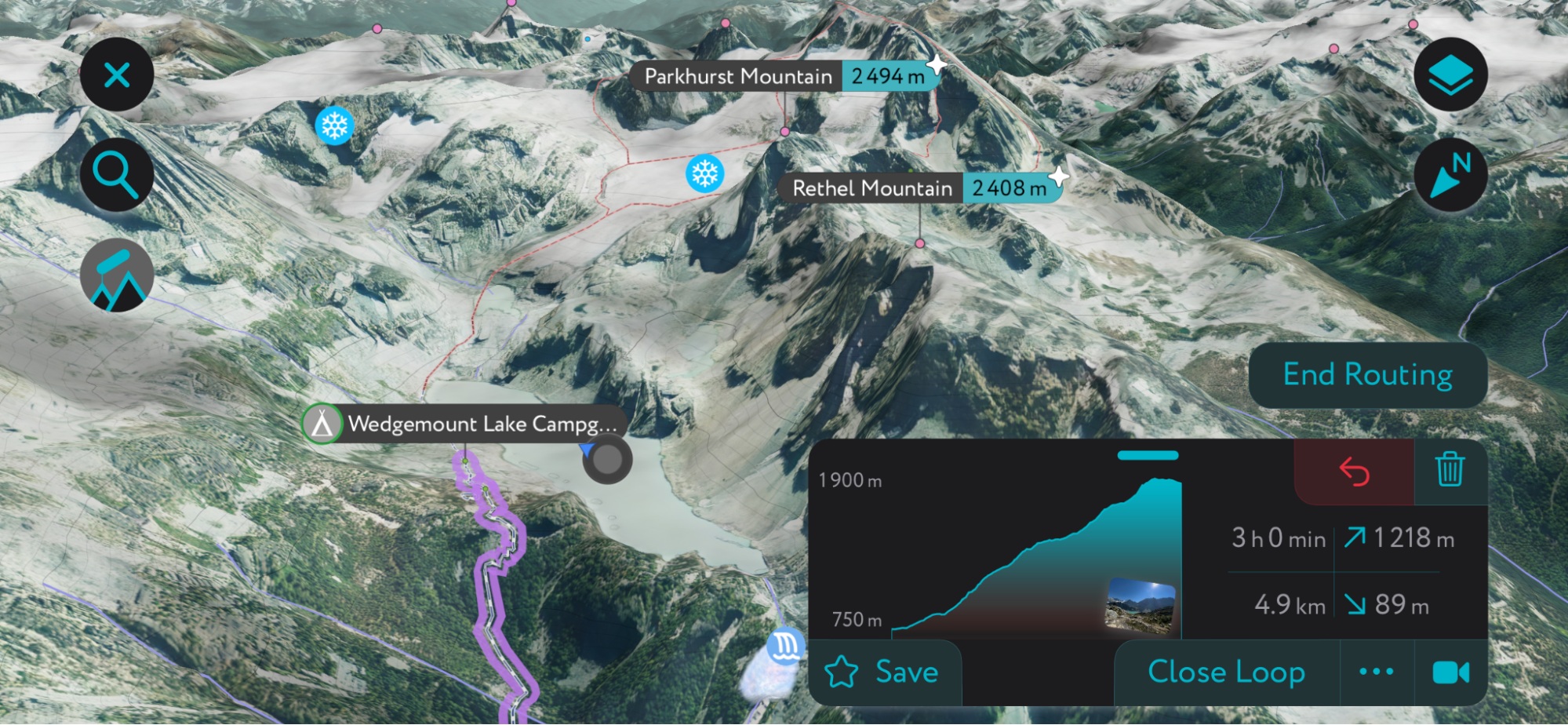 The peaks around Wedgement Lake as seen on the mobile app. Wedgemount Lake